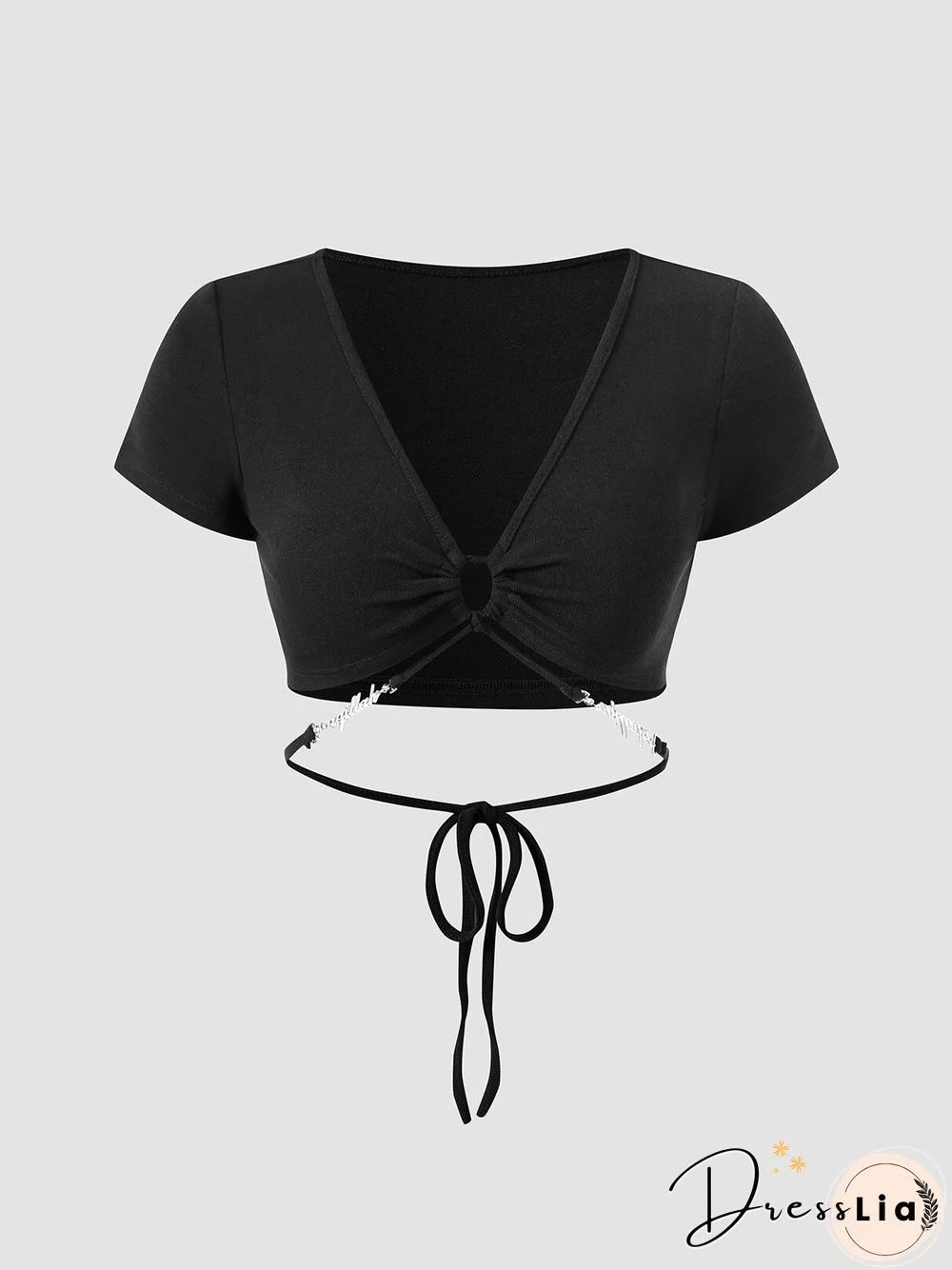 Solid Hollow Tie Short Sleeve V-neck Crop Top