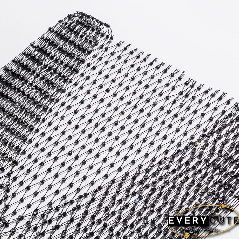 Black Rhinestone Mesh Hollow-out V Neck Crop Top