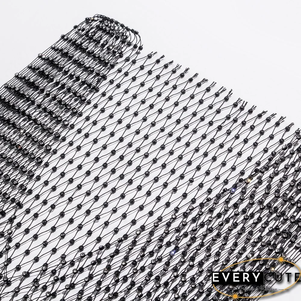 Black Rhinestone Mesh Hollow-out V Neck Crop Top