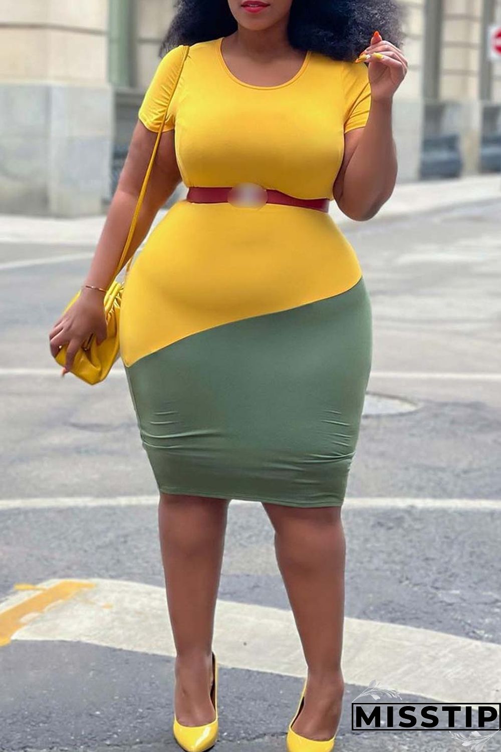 Black Green Fashion Casual Plus Size Patchwork Without Belt O Neck Short Sleeve Dress