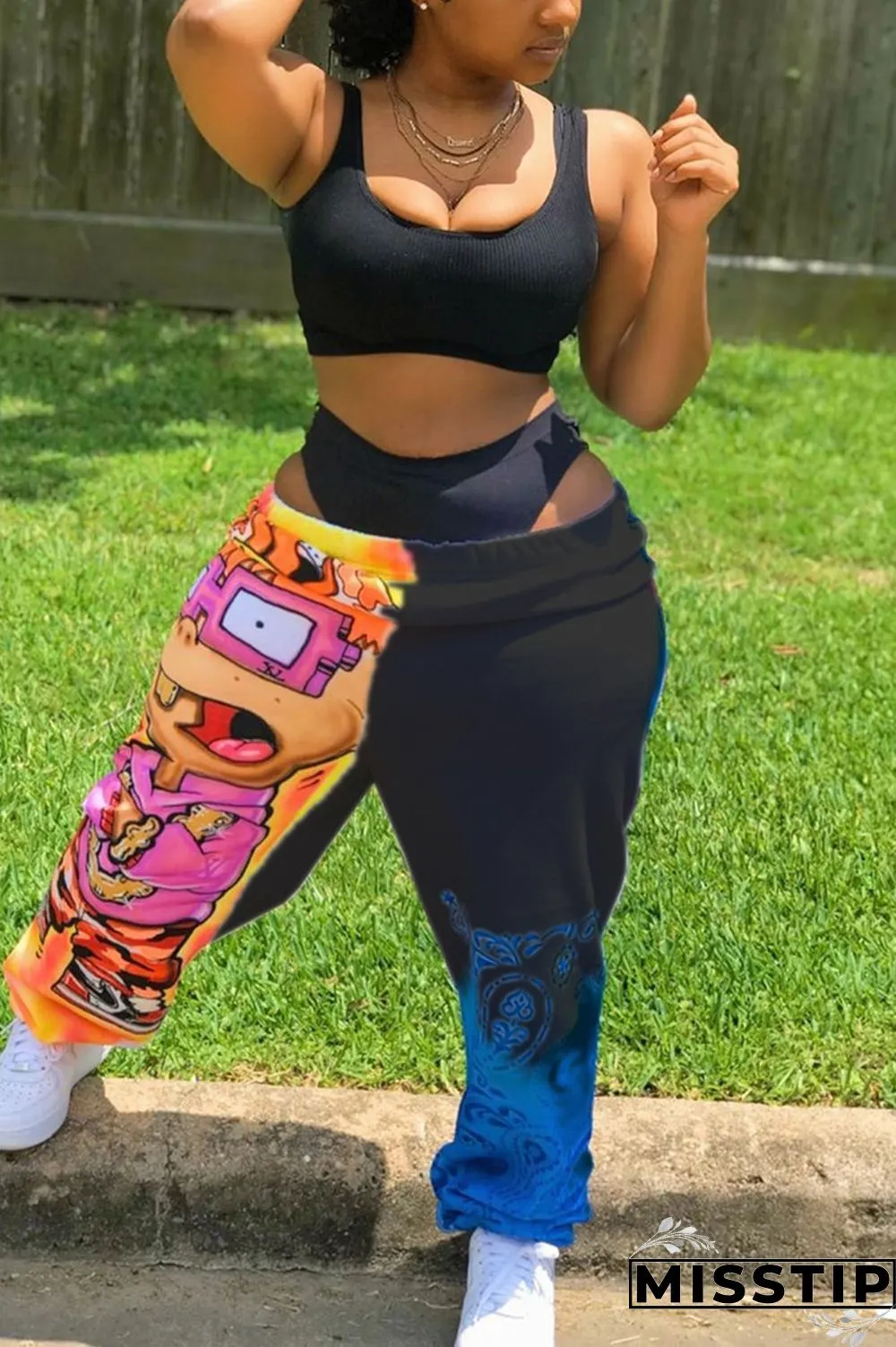 Multicolor Fashion Printed Mid Waist Loose Trousers