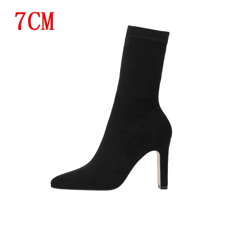 Women High Heel Sock Boots Plus Size Sexy Flock Pointed Toe Ankle Booties Female Sexy Party Winter Woman Fashion Shoes Boots