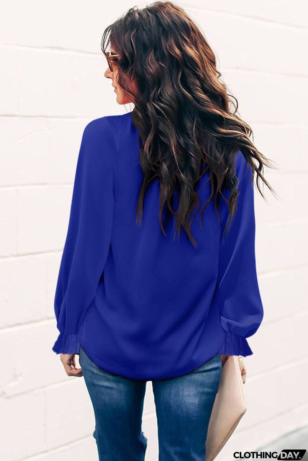 Frilled Mock Neck Balloon Sleeve Blouse