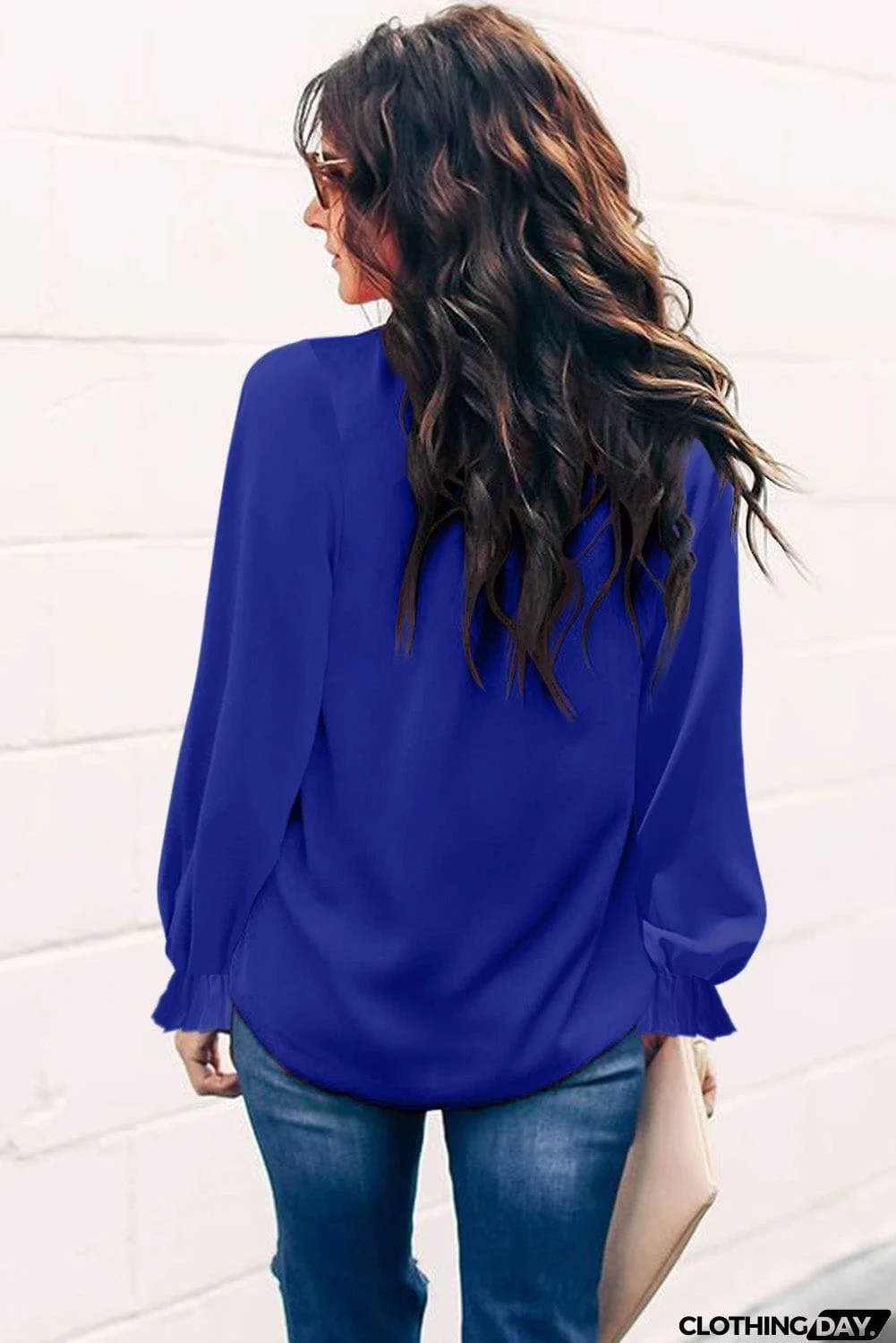 Frilled Mock Neck Balloon Sleeve Blouse