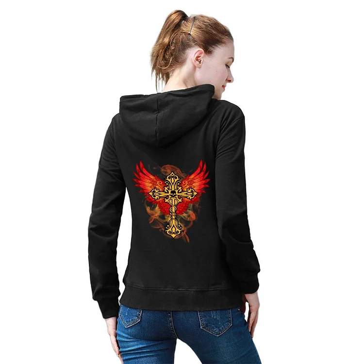 Women's Hoodie Sweatshirt Cross Skull Phoenix Wings  customized, personalized, gift