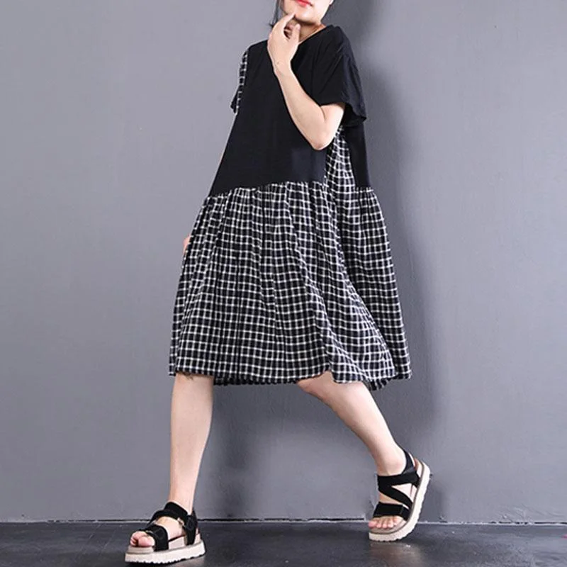 Elegant cotton shift dresses oversized Short Sleeve Plaid Summer Round Neck Black Dress