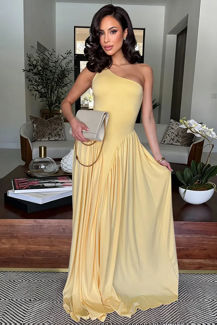 One Shoulder Cinch Waist Slim Fit Solid Color Maxi Dresses-Yellow