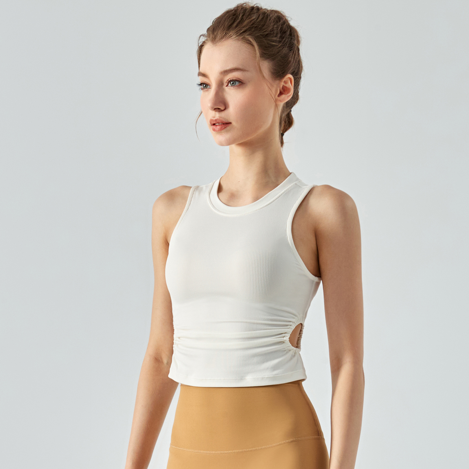 Hergymclothing Milk Tea White shockproof scrunch side hollow-out ribbed gym tank top with removable cups online shopping