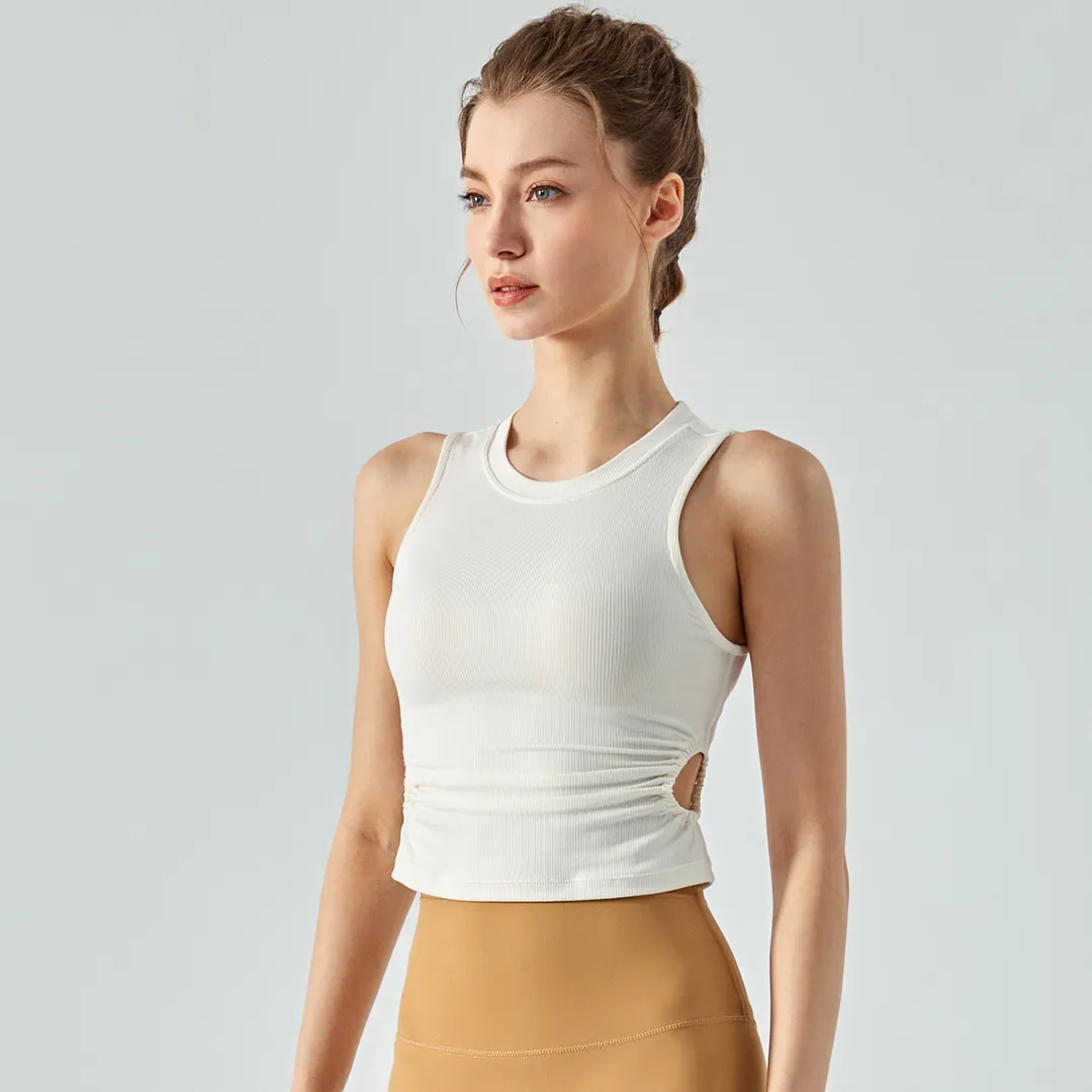 Hergymclothing Milk Tea White shockproof scrunch side hollow-out ribbed gym tank top with removable cups online shopping