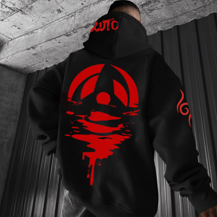 Oversized Anime Pattern Hooded Sweatshirt For Men, Hoodie Black Street