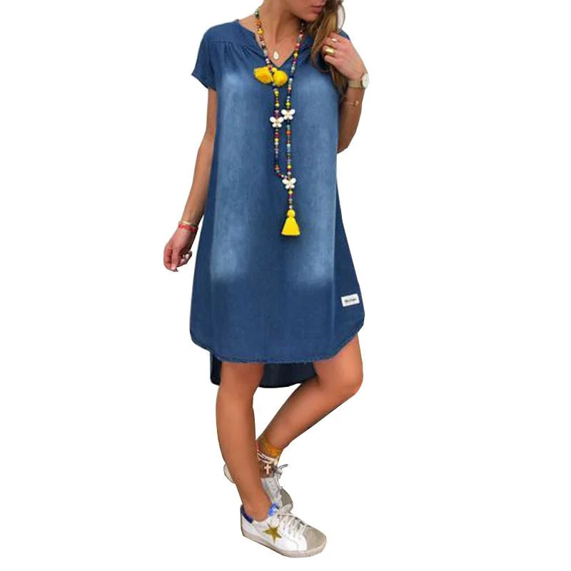 Vintage Denim Dress Womens 2020 Summer New V-neck Short Sleeve Casual Midi Dresses For Women Fashion Loose Plus Size Dress XXL