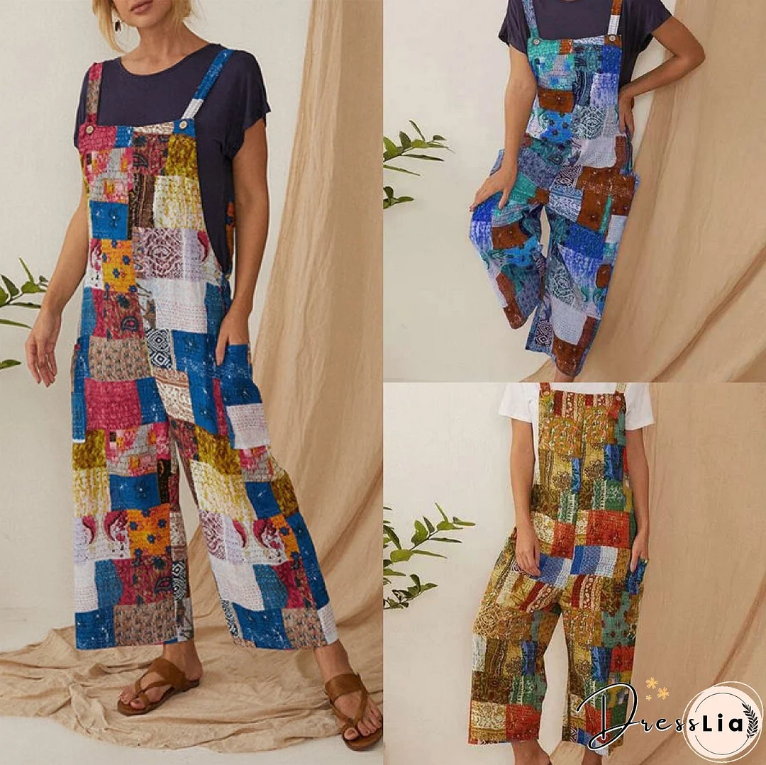 Women's Clothing Bohemian Character Print Suspenders Jumpsuit