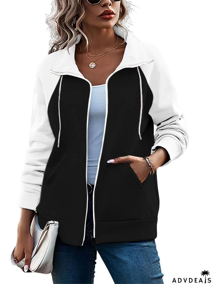 Female Trendy Contrast Color Zipper Turn-down Collar Coat