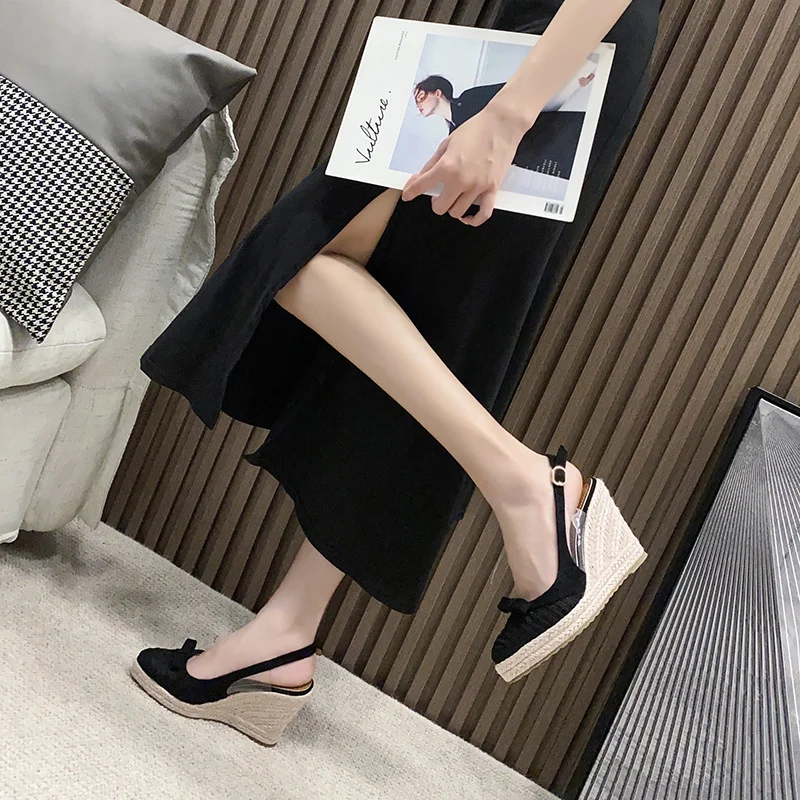 Wongn Wongn Sandals Women 2023 New Fashion Grass Braided Platform Tou Single Shoes Bow Button High Heels