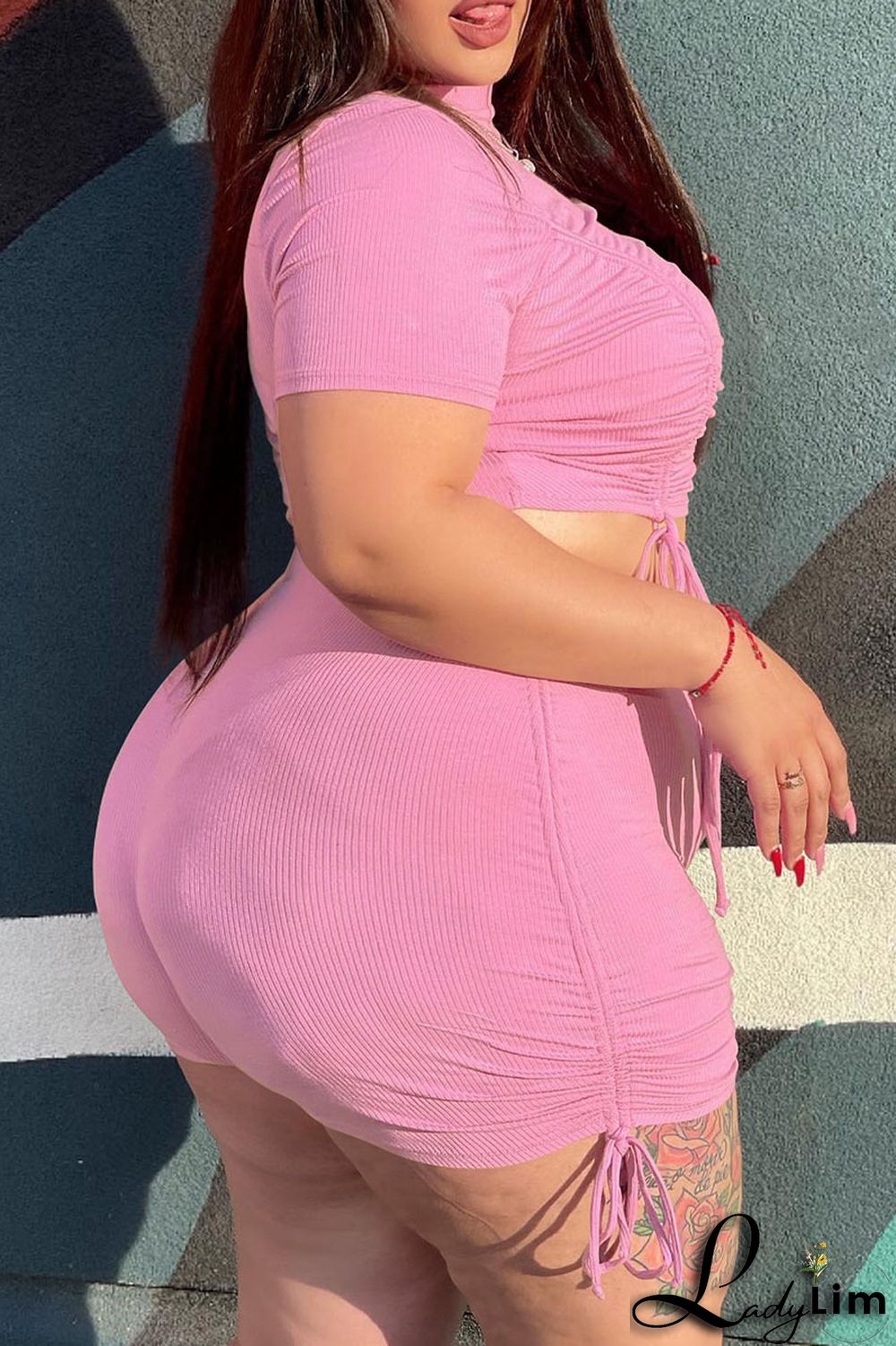 Orange Fashion Casual Solid Draw String Frenulum O Neck Plus Size Two Pieces