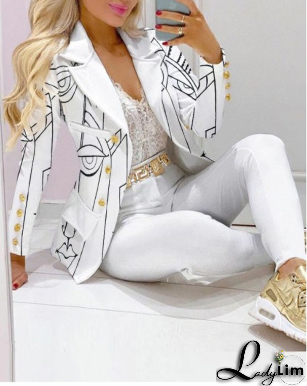 Fall Casual Fashion Suits Women's Print Blazer and pants two piece set