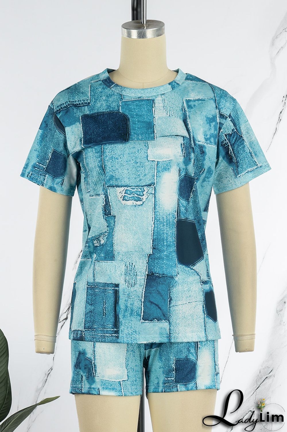 Black Casual Print Patchwork O Neck Short Sleeve Two Pieces