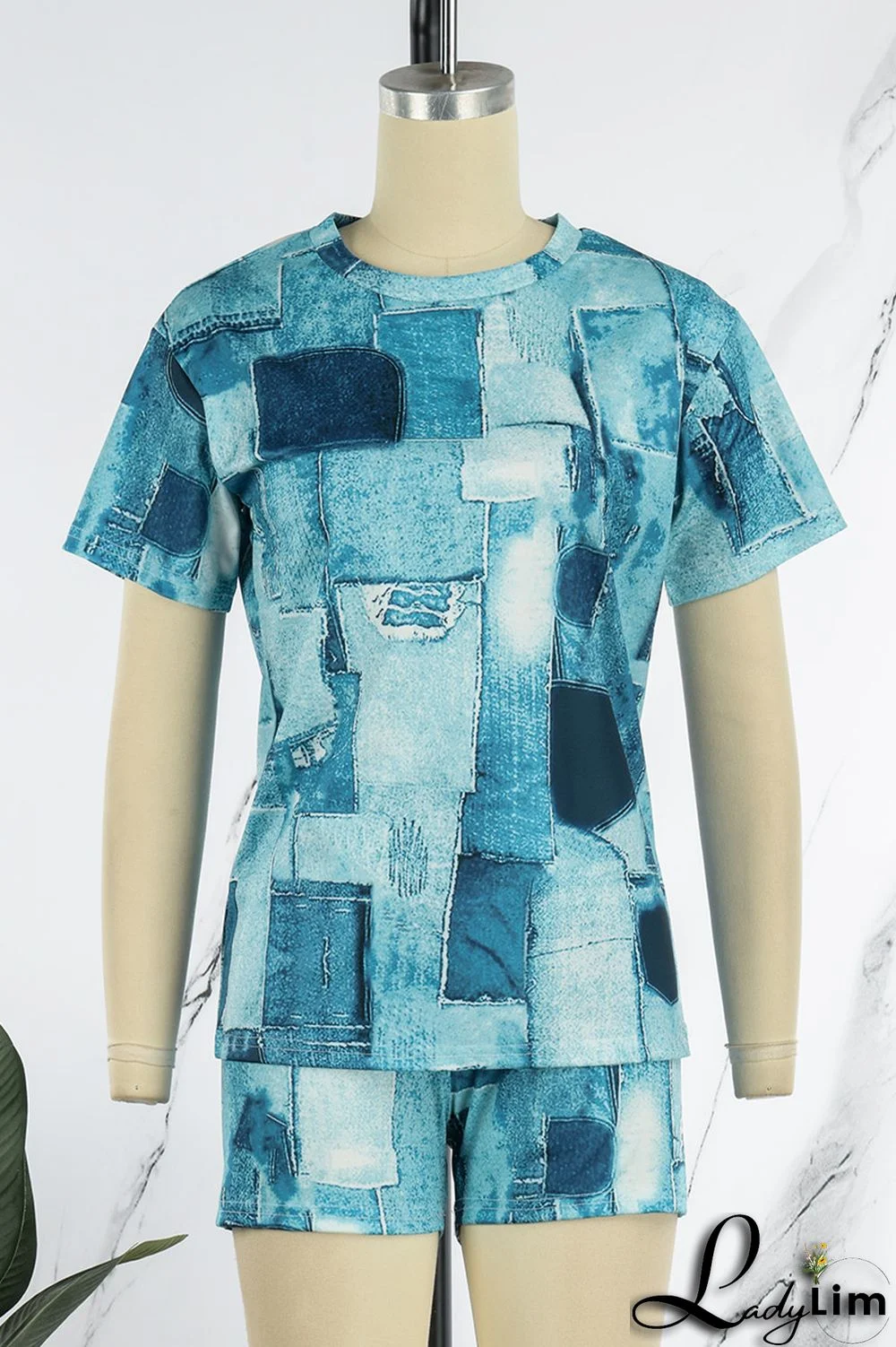 Black Casual Print Patchwork O Neck Short Sleeve Two Pieces