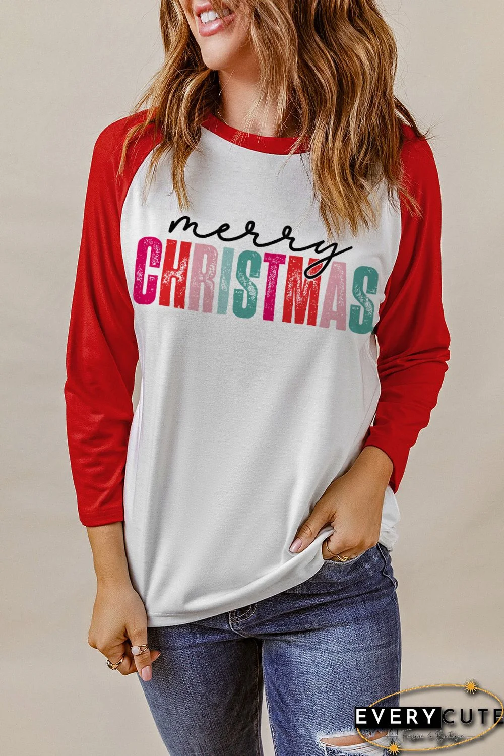 Red Merry CHRISTMAS Color Block Long Sleeve Top