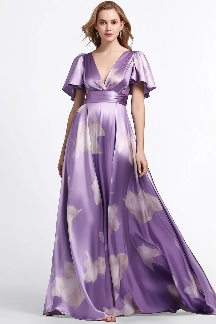 Zaruci Wedding Guest Purple Satin Floral Print Flutter Sleeve Deep V Neck Maxi Dress [Pre-Order]