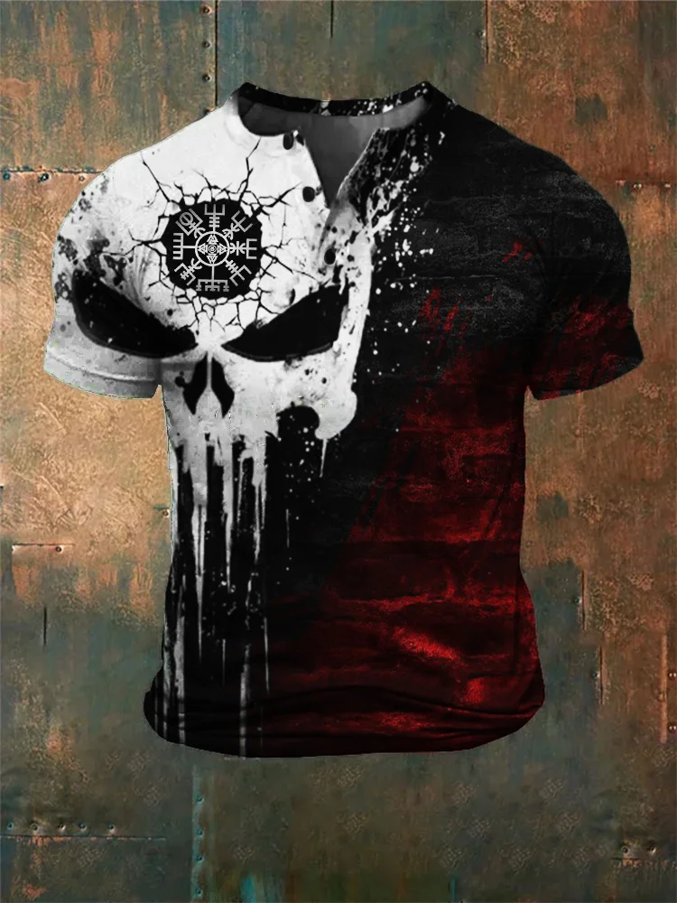 Wearshes Men's Viking Vegvisir Shot Skull Contrast Bloody Henley Shirt