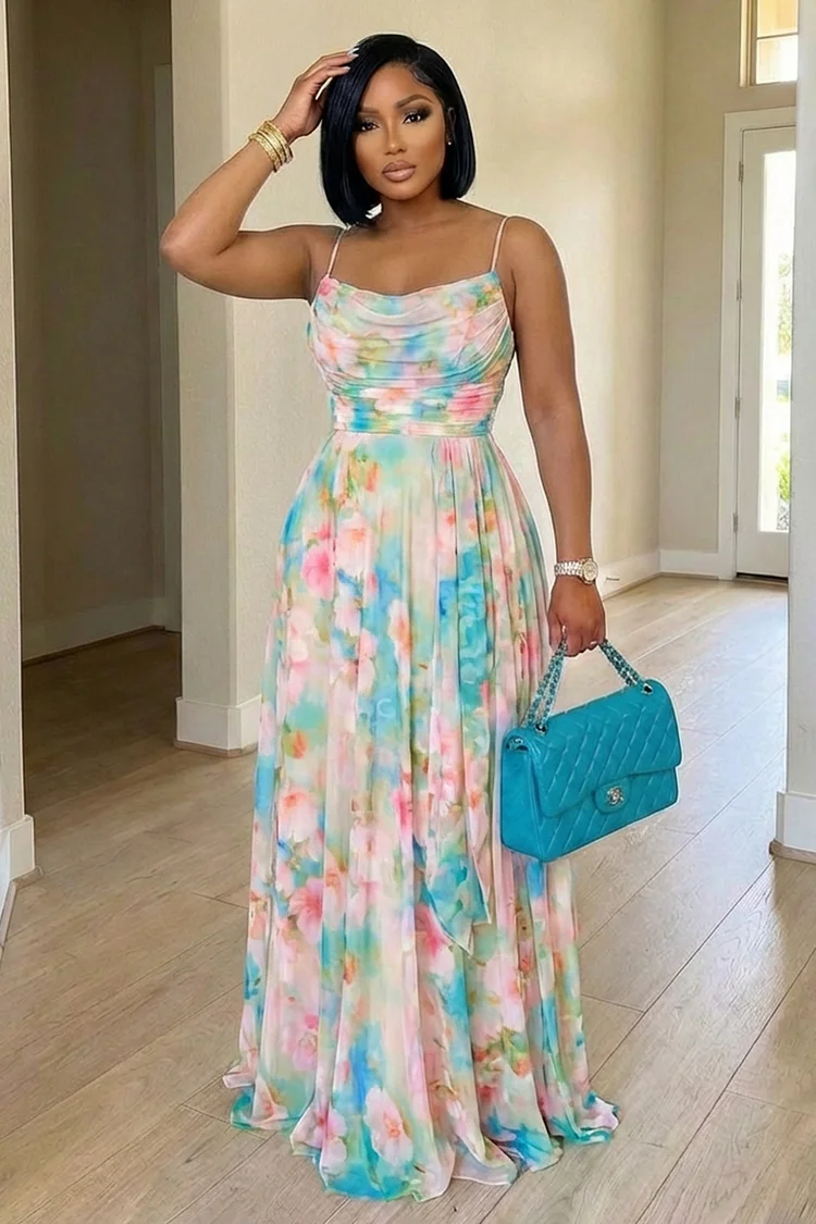 Spaghetti Strap Cinch Waist Floral Print Maxi Dresses-Multicolor Multicolor-S Spaghetti Strap Cinch Waist Floral Print Maxi Dresses-Multicolor Multicolor-S