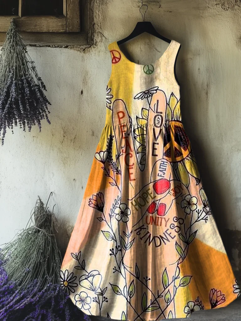 Women's Hippie Peace Love Art Print Sleeveless Cotton Pocket Dress
