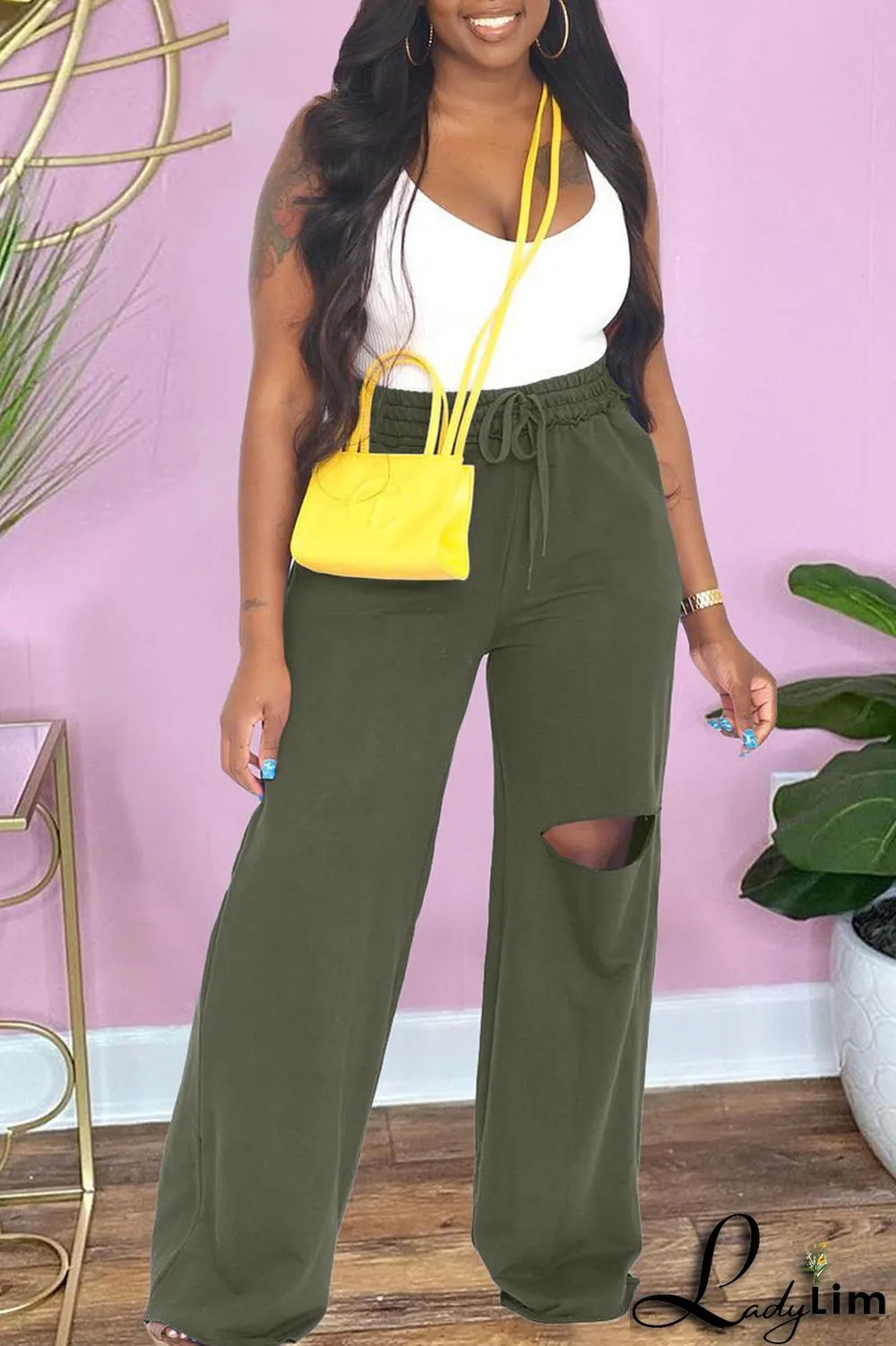 Pink Casual Solid Ripped Patchwork Straight High Waist Straight Solid Color Bottoms