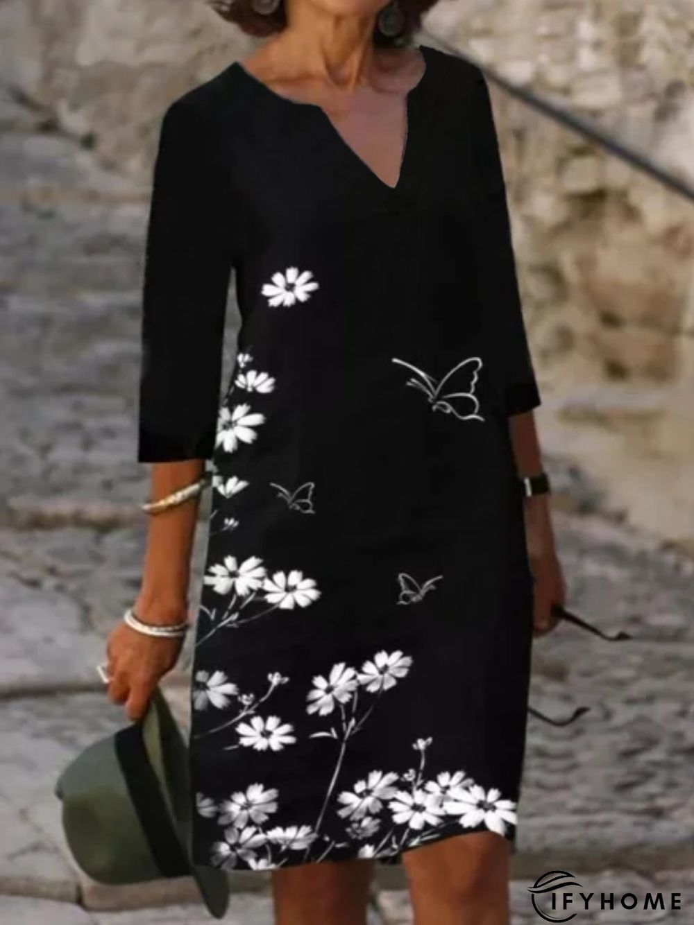 3/4 Sleeve V Neck Printed Dress | IFYHOME