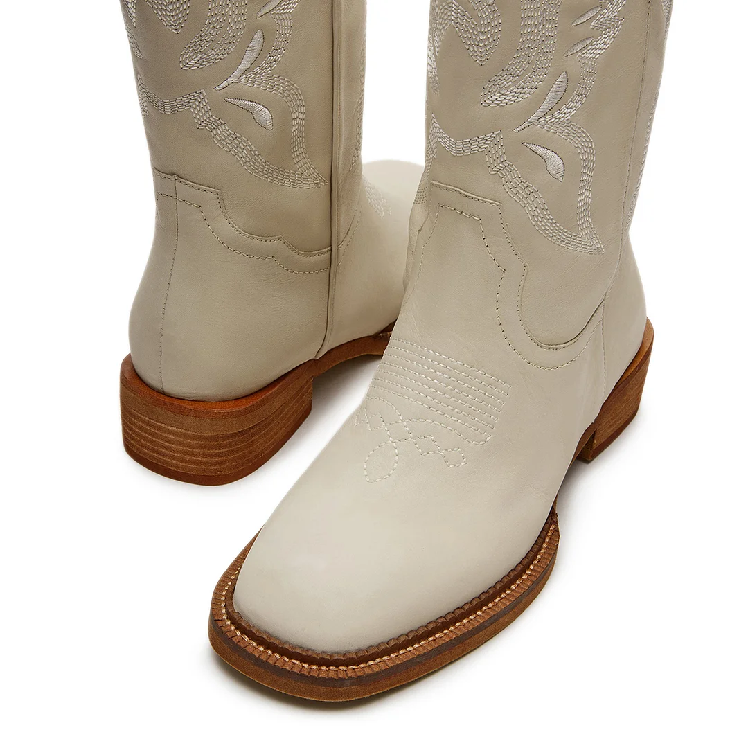 Vegan Leather Square Toe Embroidered Pull-On Cowgirl Boots in Ivory