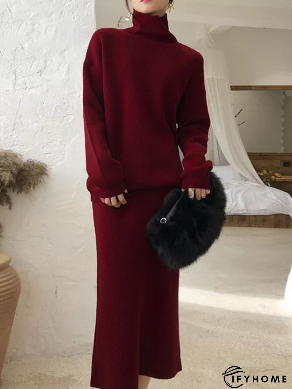 Elegant Plain Turtleneck Long Sleeve Two-Piece Set | IFYHOME