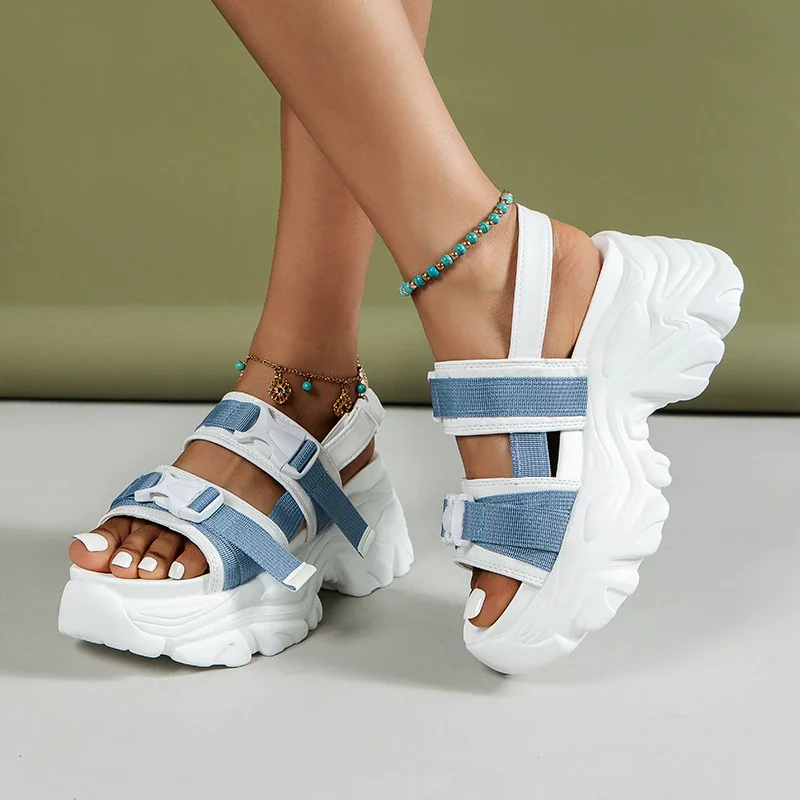 Qengg Summer New Platform Women Sandals Wedge Color-block Fashion Ladies Sandals Outdoor Light Casual Sports Style Hook &  Roman Shoes