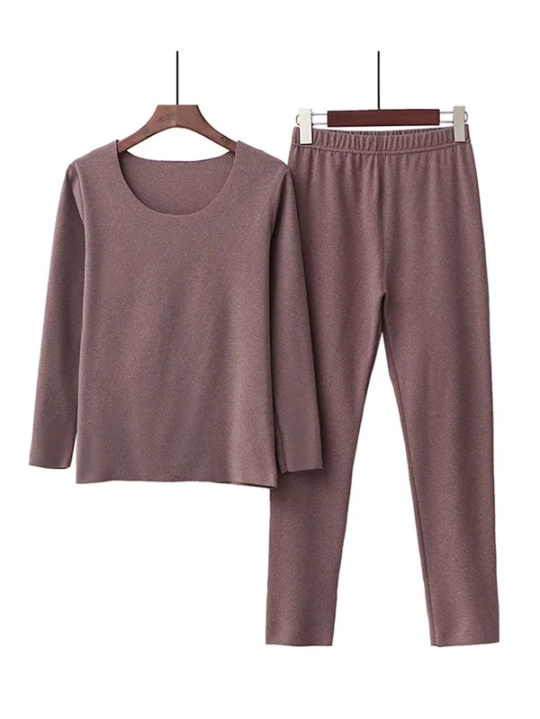 2PCS Plus Size Solid Color Round-Neck Top&Bottom Pajama Set