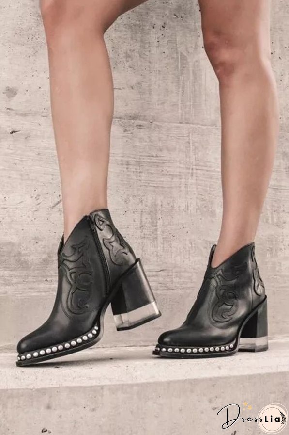 Stylish Embroidered Rivet Welt Acrylic Crystal High Heel Boots