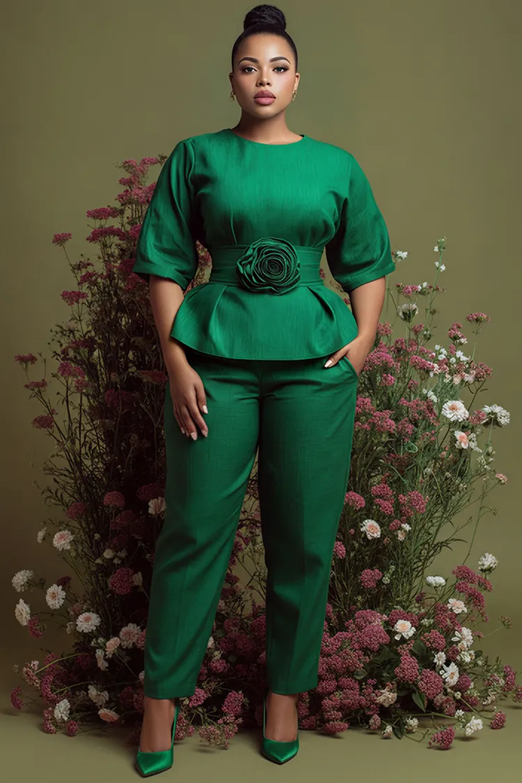 Xpluswear Design Plus Size Business Casual Emerald Green Round Neck Half Sleeve 3D Two Piece Pant Sets [Pre-Order] 2024 - Xpluswear