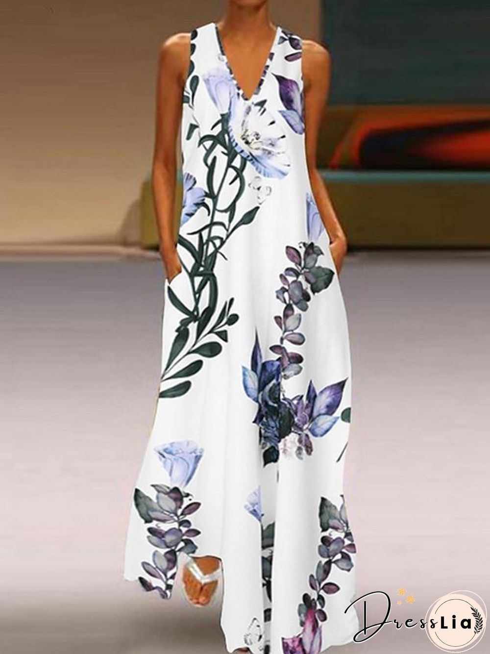 Women's A-Line Dress Maxi long Dress Sleeveless Floral Print Summer V Neck Plus Size Hot Casual Holiday Loose White Blue Yellow S M L XL XXL 3XL 4XL 5XL White Dresses