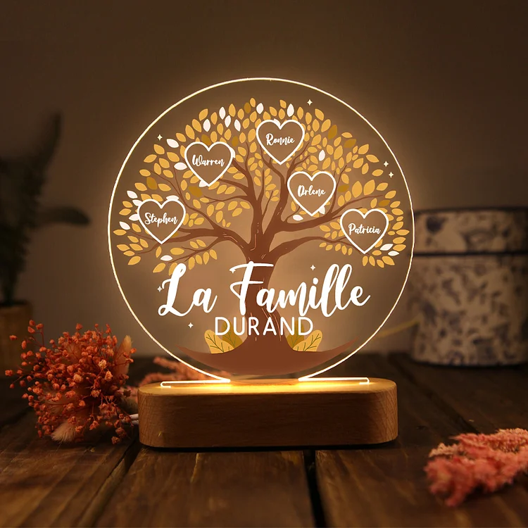Lampe de chevet Arbre de Vie LED Lumières 5 Prénoms et 1 Texte Personnalisés pour Famille Jessemade FR