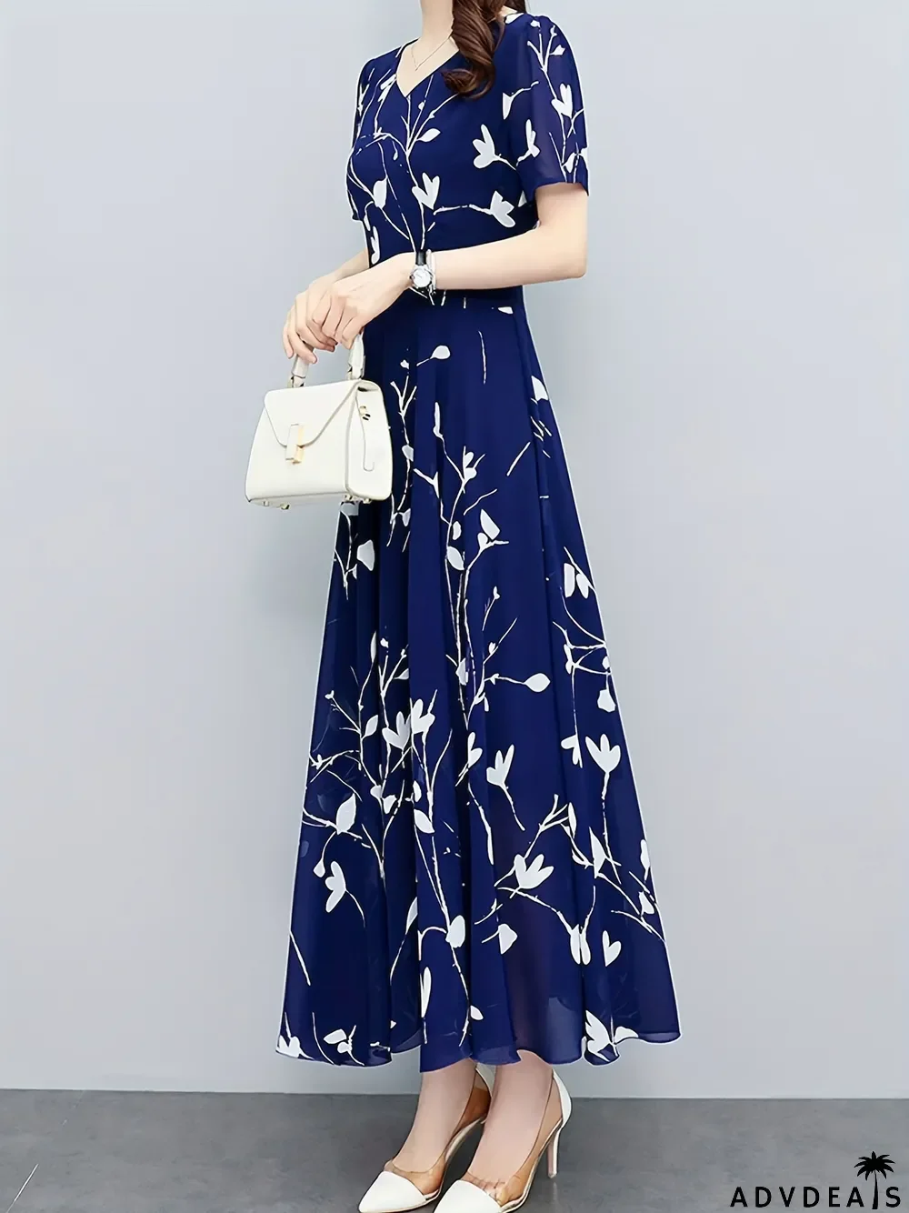 Floral Print Pleated Dress, Casual High Waist Short Sleeve V Neck Maxi Dress, Women's Clothing