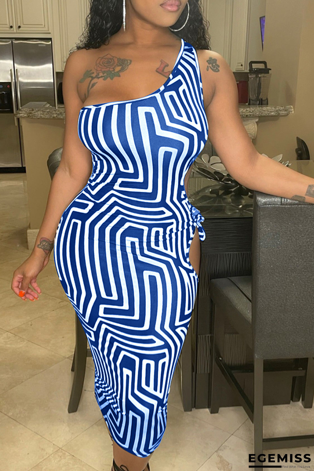 Blue Sexy Print Patchwork One Shoulder Pencil Skirt Dresses | EGEMISS
