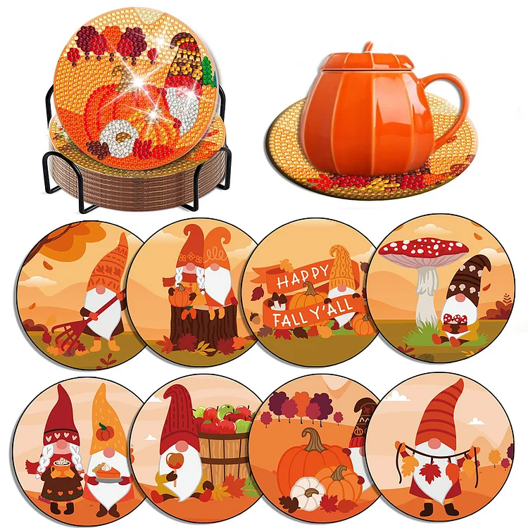 8 PCS Acrylic Pumpkin Gnome Red Candy Diamond Painting Coasters Kits with Holder
