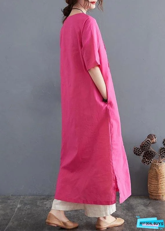 Organic Rose side open Cotton Linen Summer Vacation Dresses