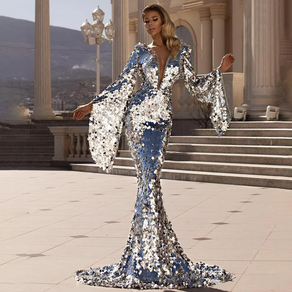 Zachics Gorgeous sequin deep v neck silver mermaid celebrity evening dress-zachics