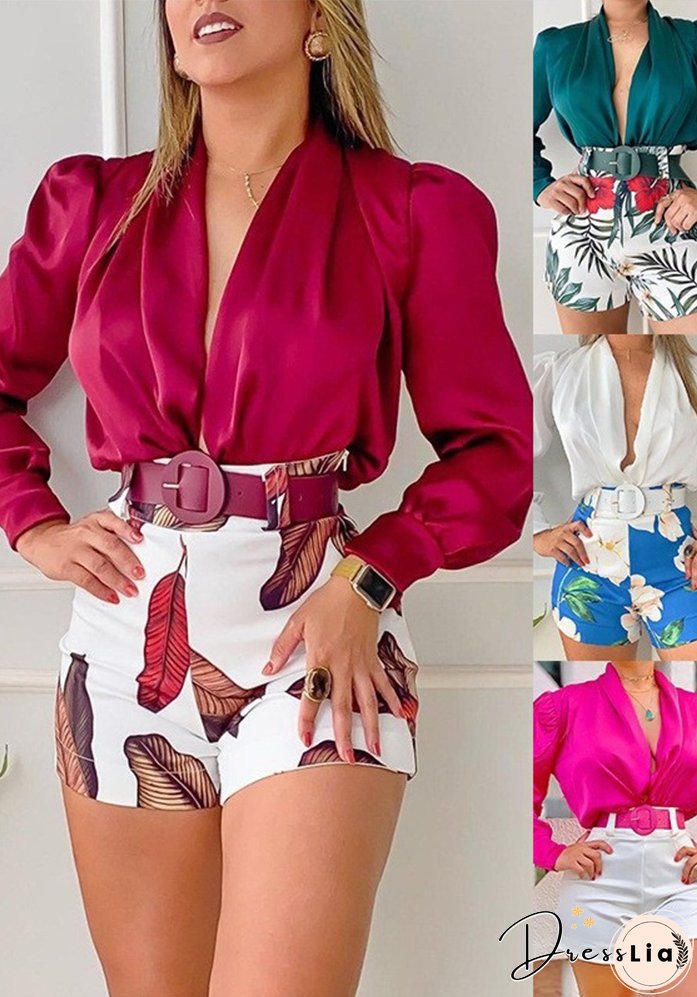 Spring Women's Casual Suit V-Neck Long Sleeve Solid Color Shirt Top Printed Shorts Two-Piece Set