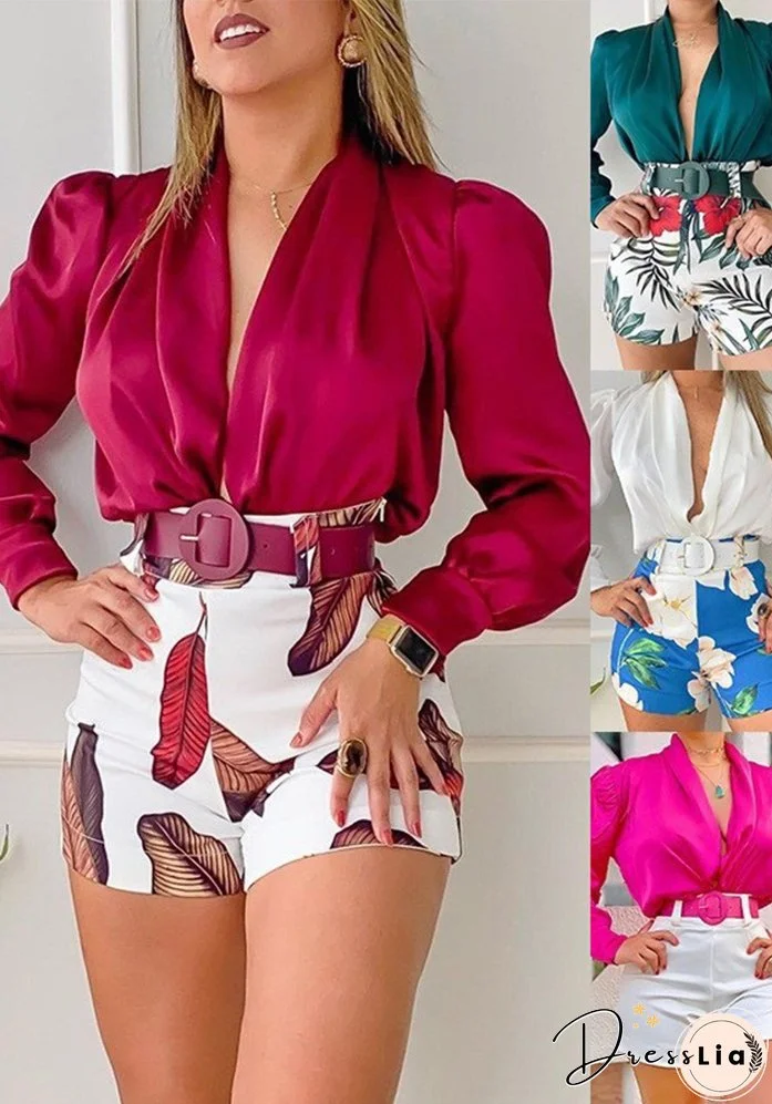 Spring Women's Casual Suit V-Neck Long Sleeve Solid Color Shirt Top Printed Shorts Two-Piece Set