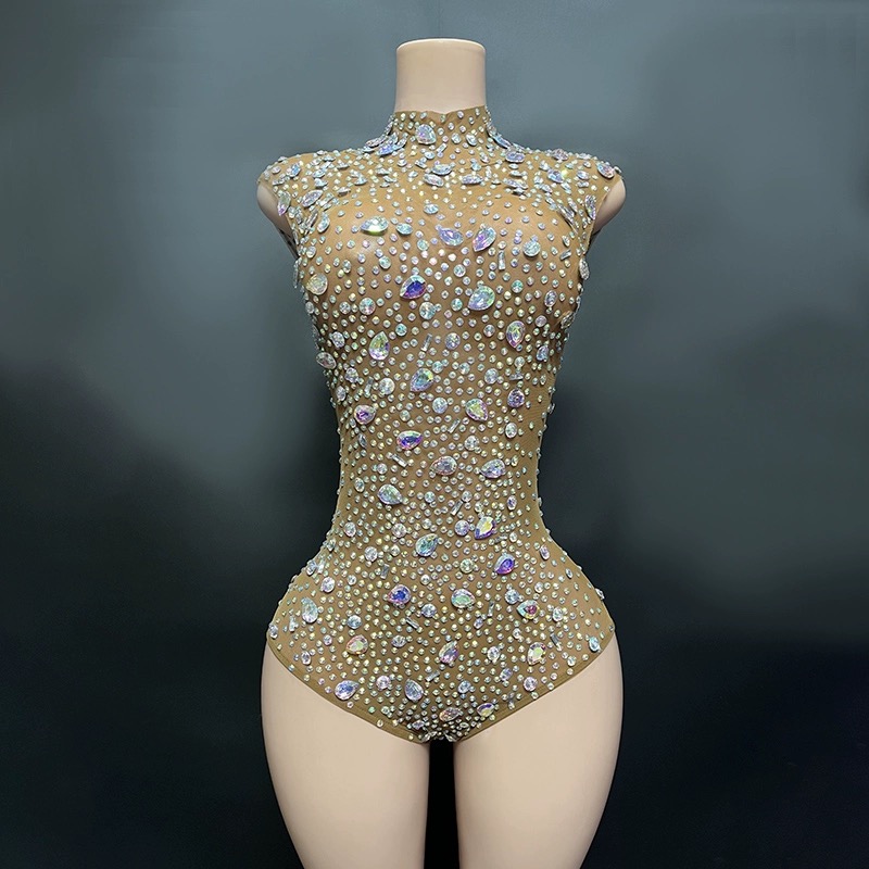 GOOSHOE AB Diamonds Khaki See-Through Mesh Bodysuit