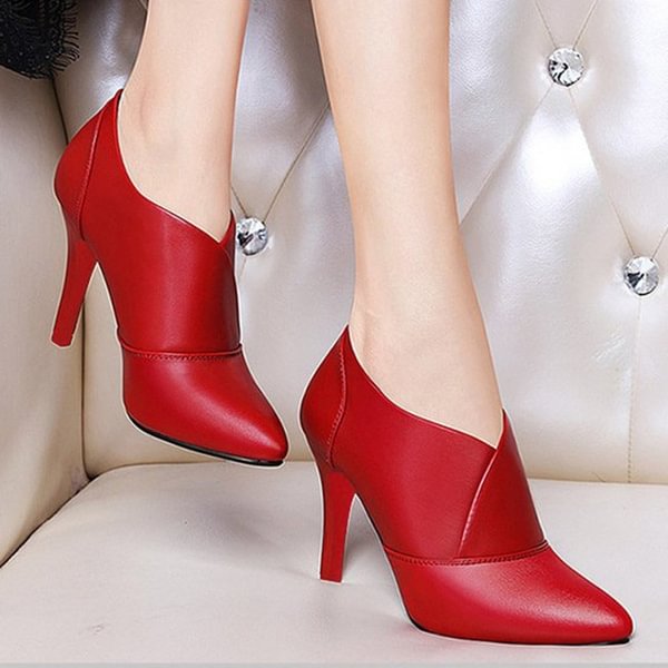 Fashion Women Leather High Heels Dress Shoes Pointed Toe Ankle Boots Thin Heels Pumps - Shop Trendy Women's Clothing | LoverChic