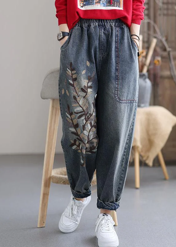 Art Blue Embroidered Pockets Elastic Waist Cotton Denim Harem Pants Fall