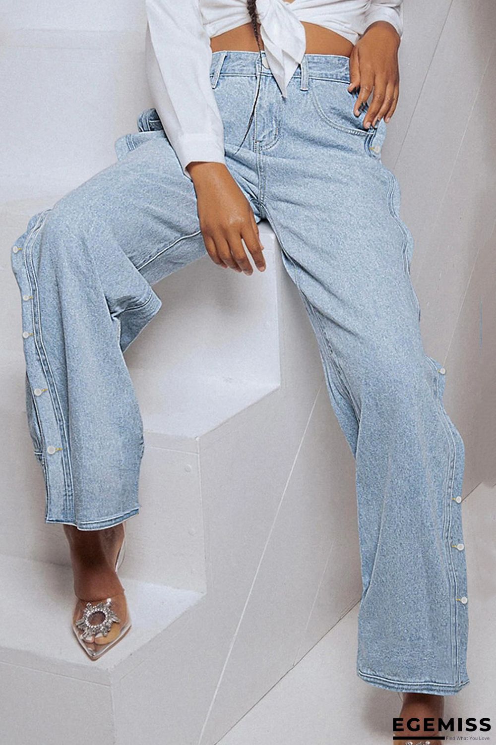 Baby Blue Fashion Casual Solid Buttons Slit High Waist Regular Denim Jeans | EGEMISS