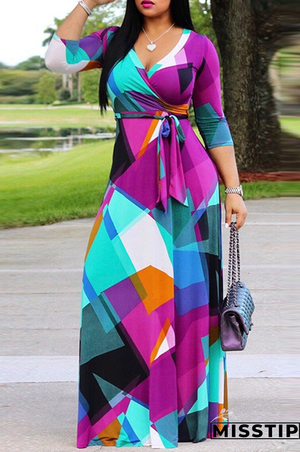 Blue Fashion Casual Print Bandage V Neck Long Sleeve Dresses
