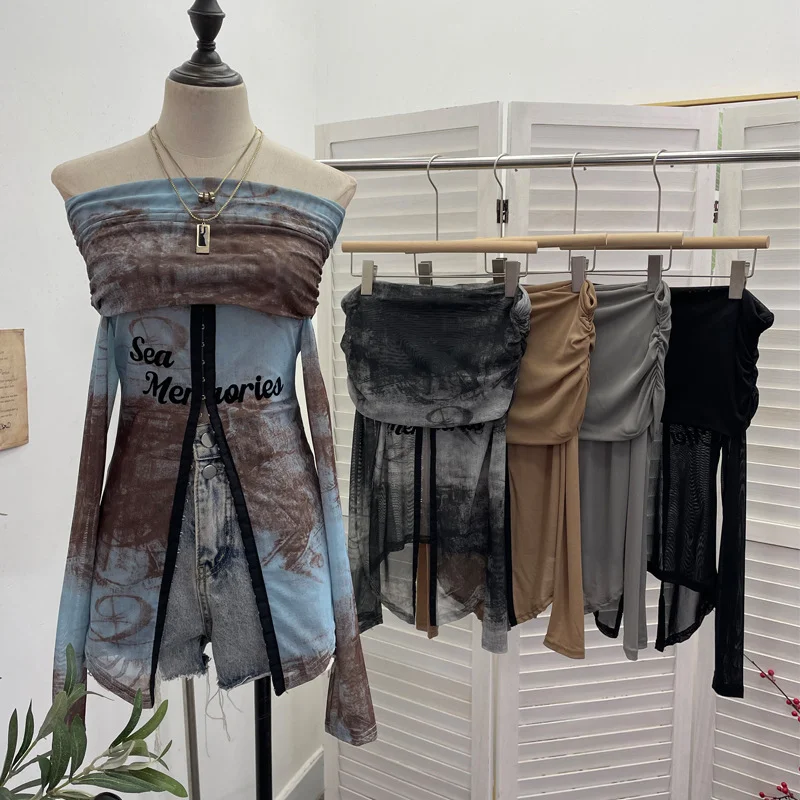 Nigikala Nigikala Picts Single-Layer Mesh Yarn Micro-Sleeved T-Shirt Word Shoulder-Pollid Letter Open Fork Top 1180